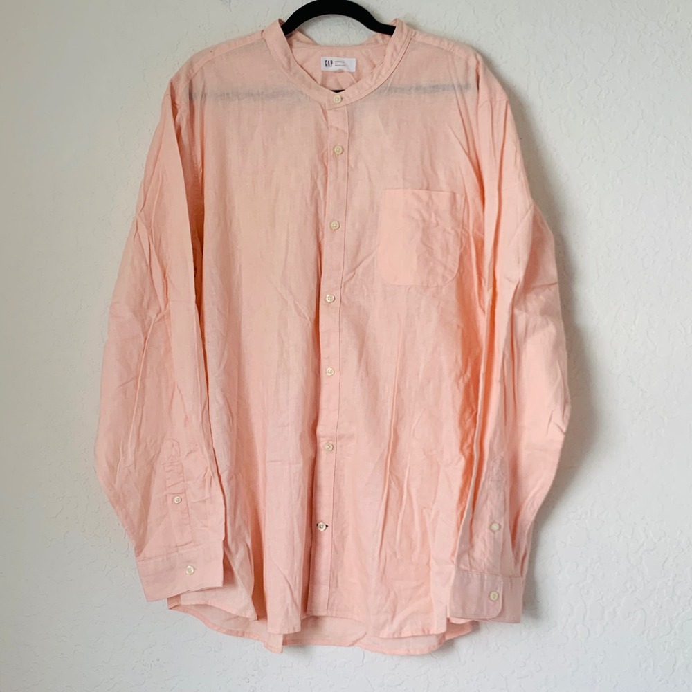 NWT Gap Shirt Men XXL Peach Linen Blend Band Collar Coastal‎ Quiet Luxury Beach